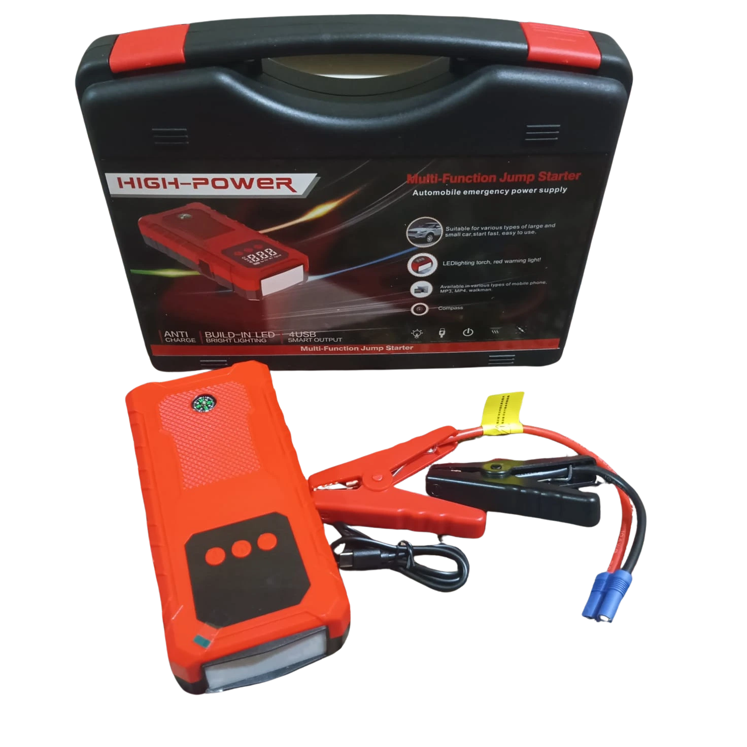 High-power jump starter with red casing and black and red carrying case on a white background