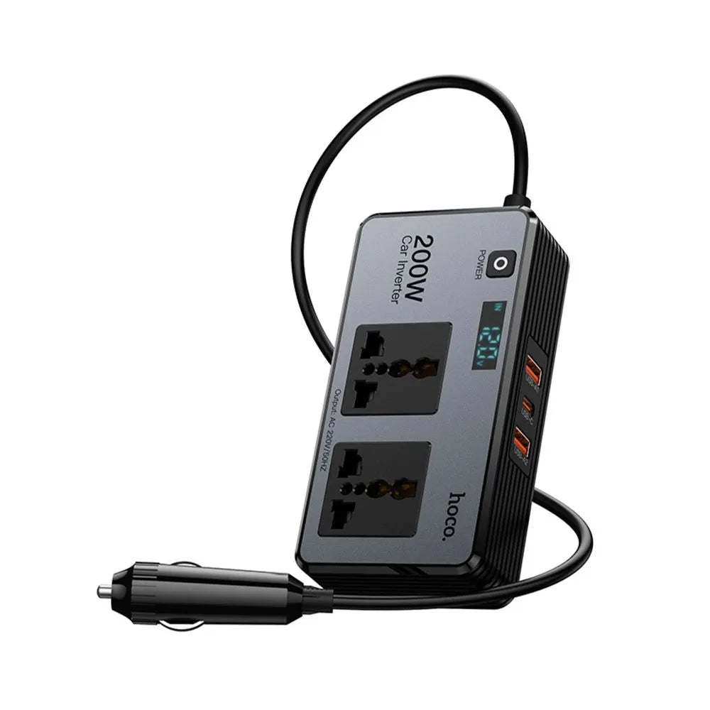 Car power inverter with multiple outlets and digital display on a white background  Lebtech Store