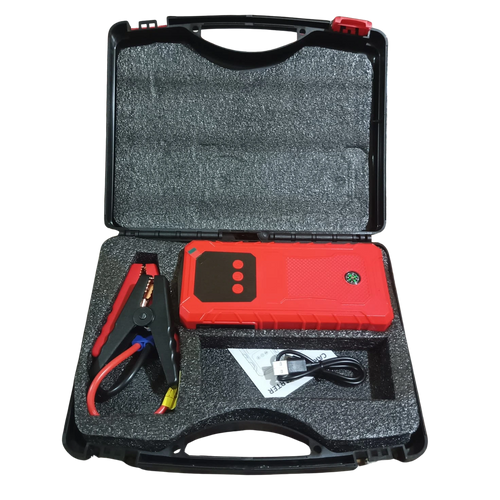 Red jump starter in a black carrying case with cables on a white background