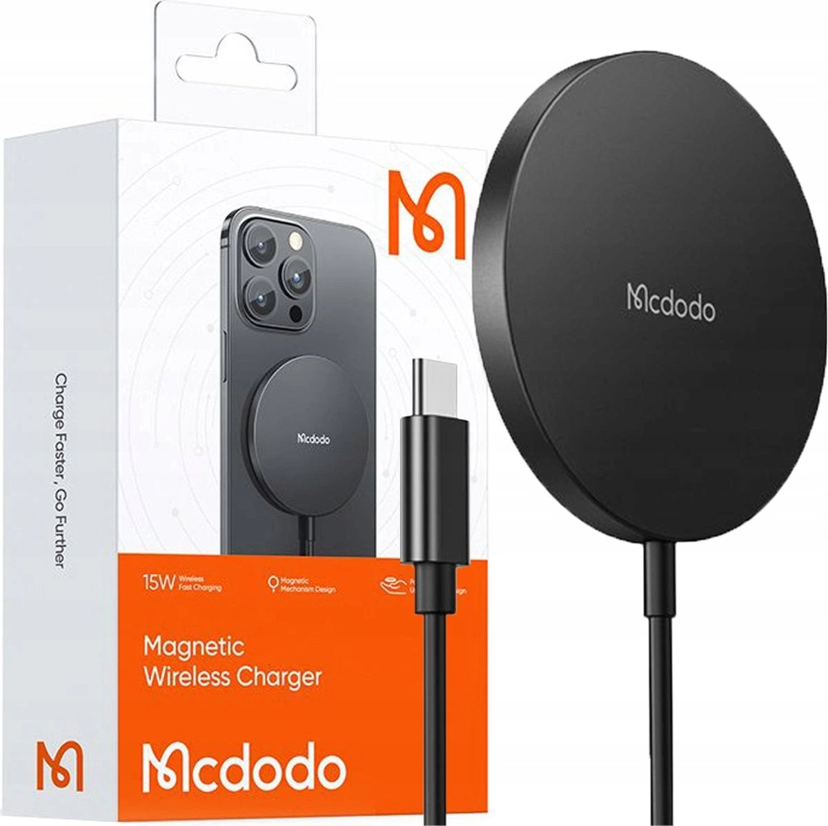 Mcdodo magnetic wireless charger with packaging and cable on a white background