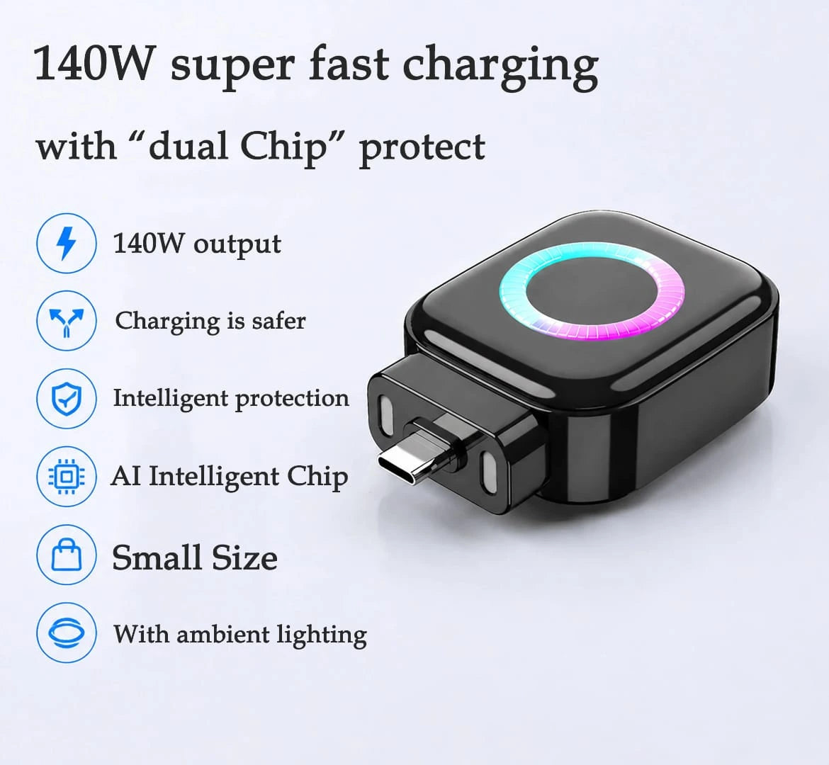  Compact black 140W fast charging separator featuring dual-chip intelligent protection, a USB-C connector, and a glowing multi-color ambient LED lighting ring.