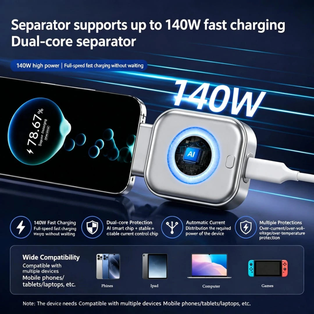 140W dual-core AI fast charging separator showing smart chip technology, device compatibility with phones, iPads, laptops, and built-in power protections.