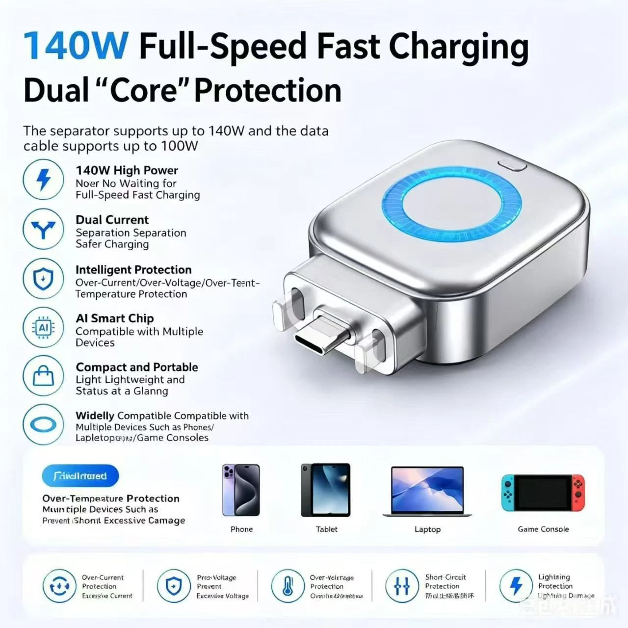  140W full-speed fast charging separator infographic showing dual-core circuit protection, AI smart chip features, compact size, and wide device compatibility for phones and laptops.