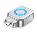 Sleek silver 140W smart charging separator with integrated USB-C connector prong and illuminated circular blue LED indicator ring.