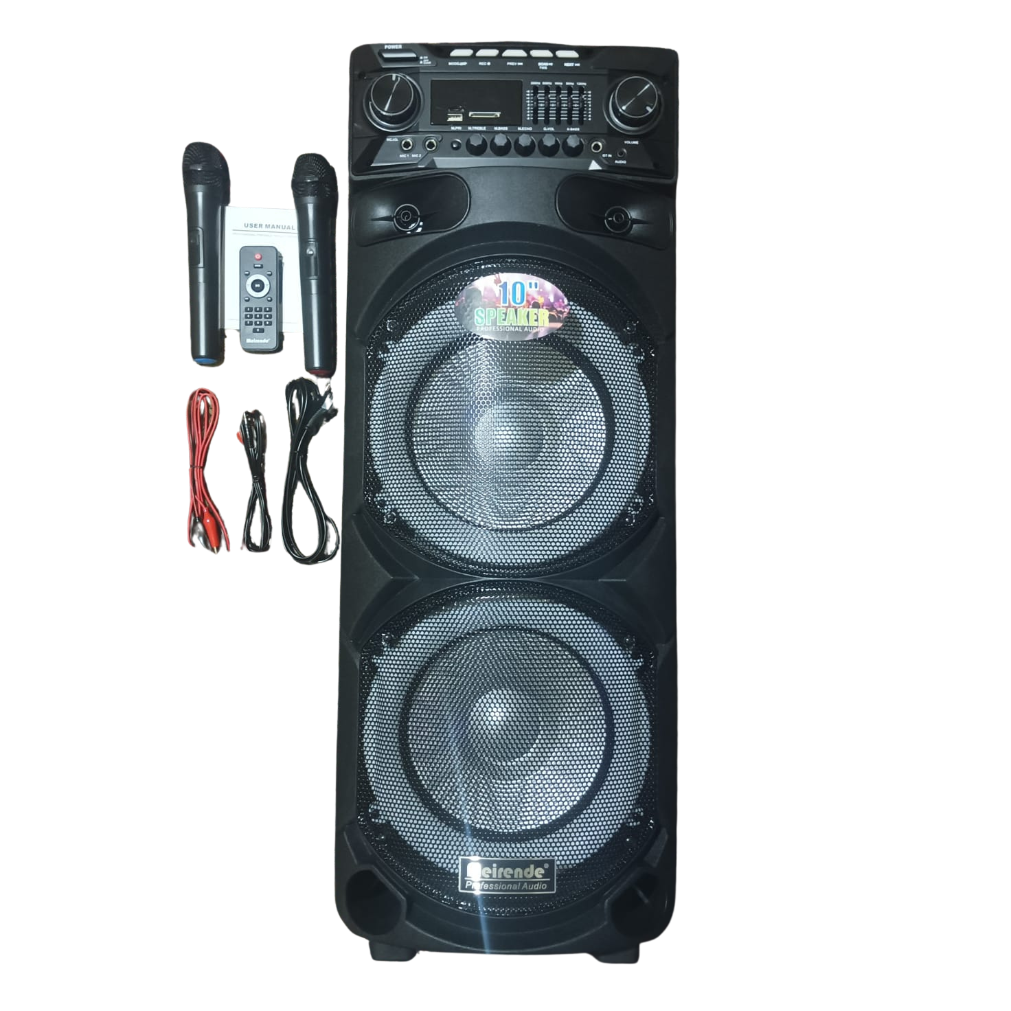 Black speaker with microphone, remote control, and cables on a white background