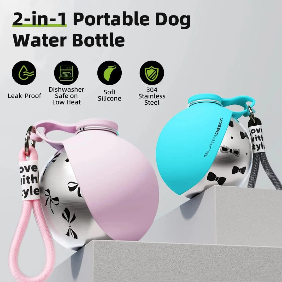 A product banner showing two 2-in-1 portable dog water bottles in pink and teal, highlighting features like leak-proof design, soft silicone, and 304 stainless steel at LebTech Store Lebanon.
