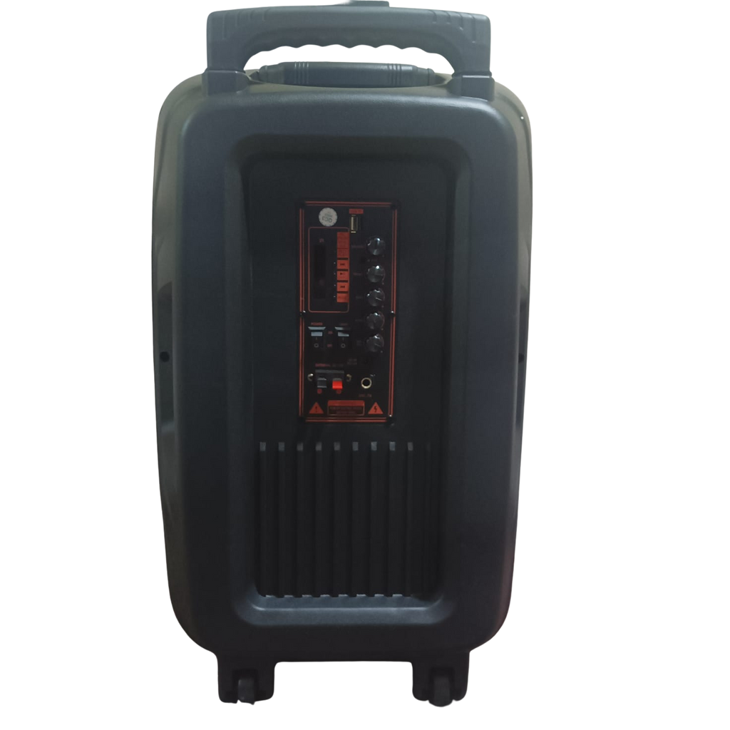 Black portable speaker with control panel on a white background