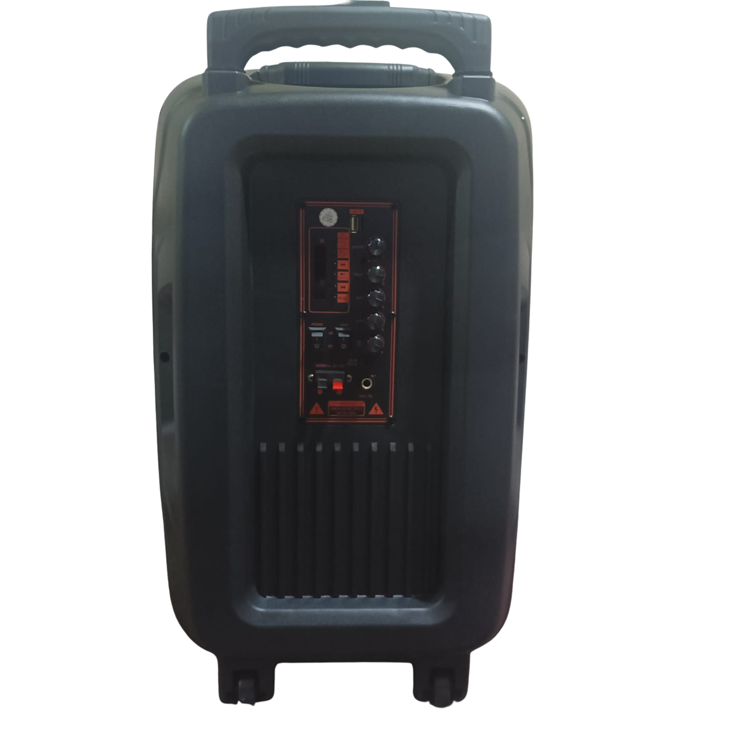 Black portable speaker with control panel on a white background