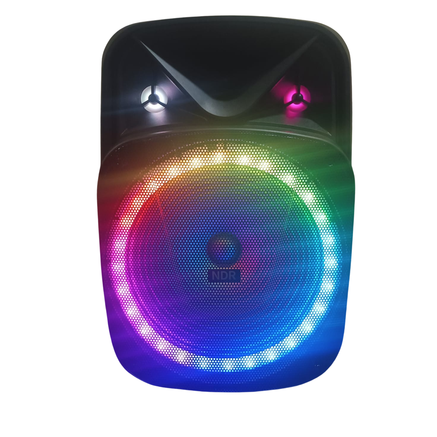 Colorful LED light-up speaker on a white background