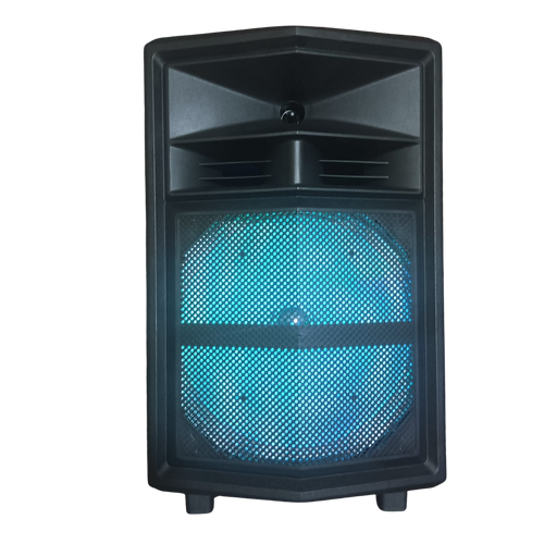 Black speaker with blue illuminated grille on a white background