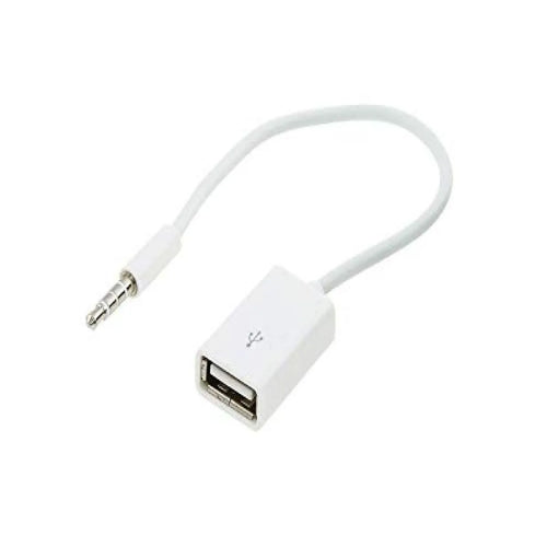 White 3.5mm male AUX audio jack plug to USB 2.0 female converter adapter cable cord isolated from LebTech Store Lebanon.