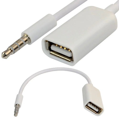 Close-up details of the gold-plated pins on the 3.5mm male audio plug and USB 2.0 female connector port from LebTech Store Lebanon.
