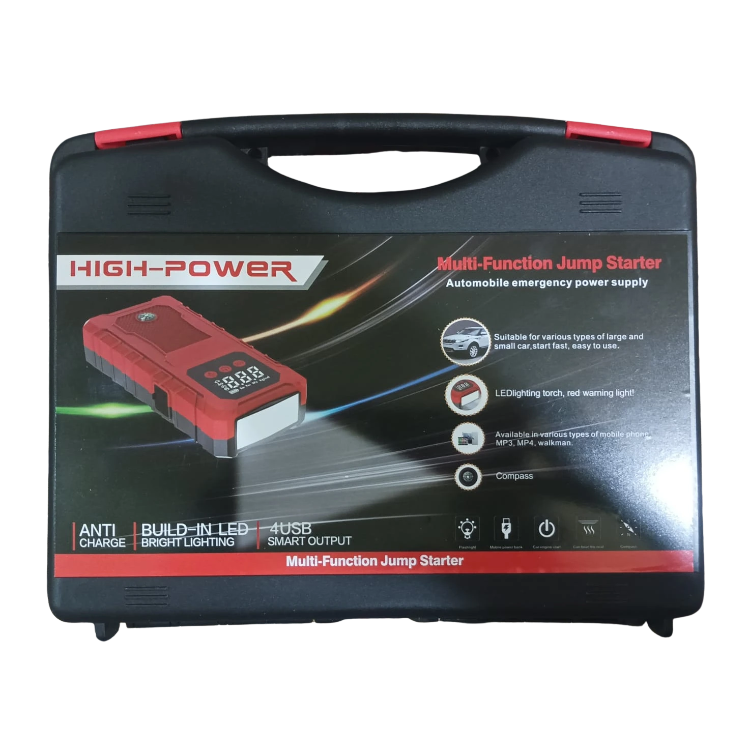 High-power multi-function jump starter with carrying case on a white background
