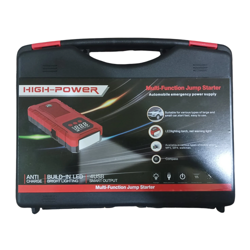 High-power multi-function jump starter with carrying case on a white background