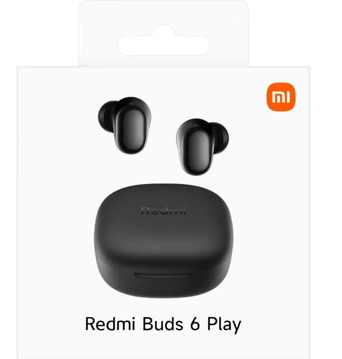 Black wireless earbuds with charging case and Xiaomi logo on a white background