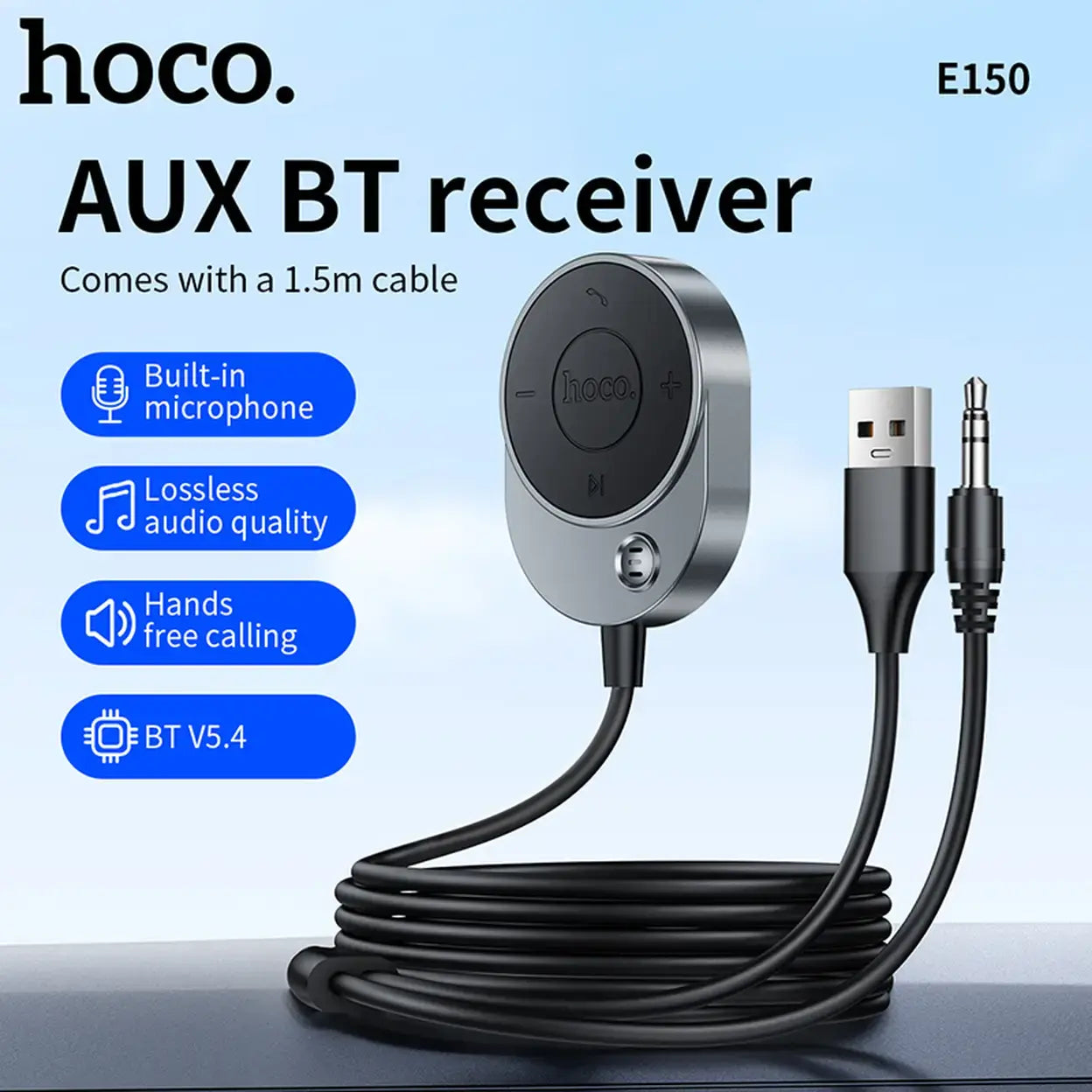 Hoco AUX BT receiver with cable on a light blue background - Lebtech Store