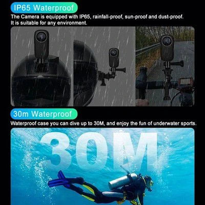  Infographic showing the 4K action camera mounted on a motorcycle helmet and bicycle handlebar in heavy rain highlighting IP65 weatherproof certification and 30m depth rating with its waterproof case at LebTech Store.
