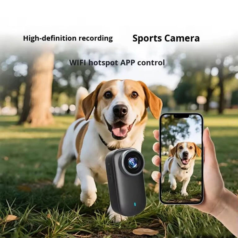 4K high-definition mini sports camera demonstrating wireless connectivity with a smartphone app live-previewing an outdoor dog scene at LebTech Store.