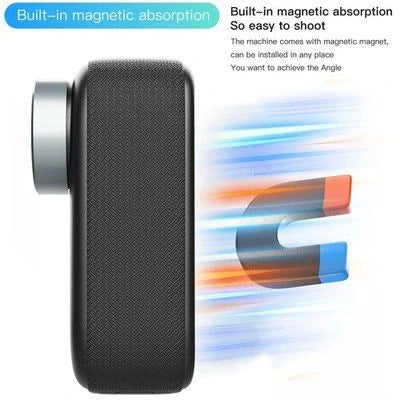 Side view of the compact 4K action camera highlighting its built-in magnetic absorption feature for hands-free shooting at any angle from LebTech Store.