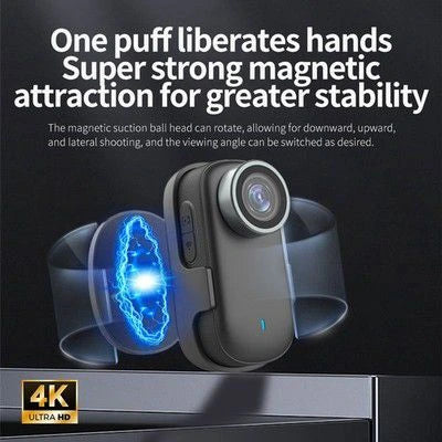 4K Ultra HD mini action camera demonstrating its strong magnetic suction attraction and rotatable ball head for hands-free stable shooting from LebTech Store.