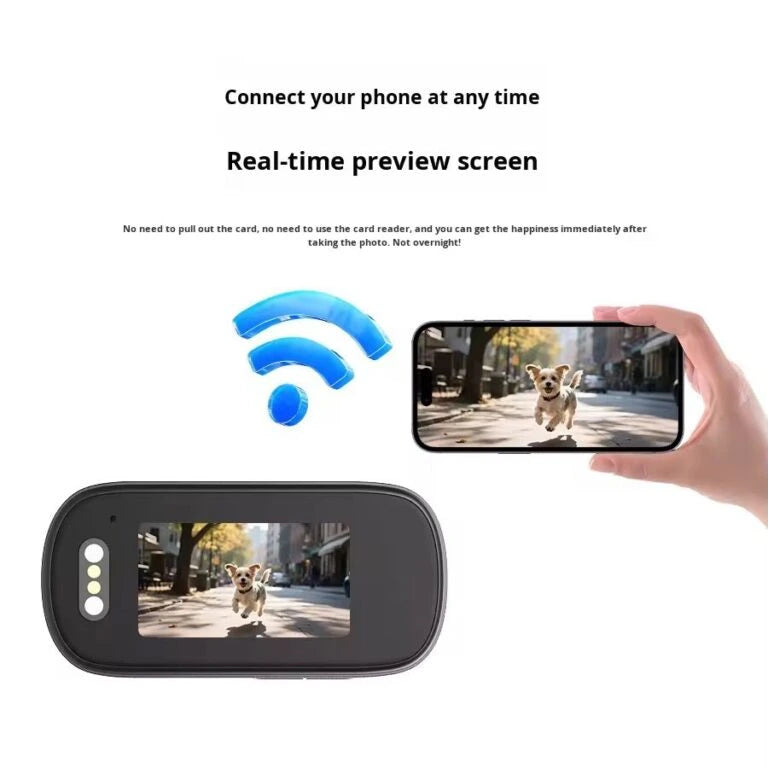  Wireless phone connection graphic showing the 4K mini action camera real-time preview screen syncing instantly via WiFi to a mobile phone from LebTech Store.