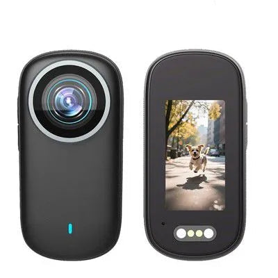 Front and back view of the 4K mini thumb action camera showing the wide-angle lens, live preview screen, magnetic charging contacts, and an included 64GB MicroSD card at LebTech Store.
