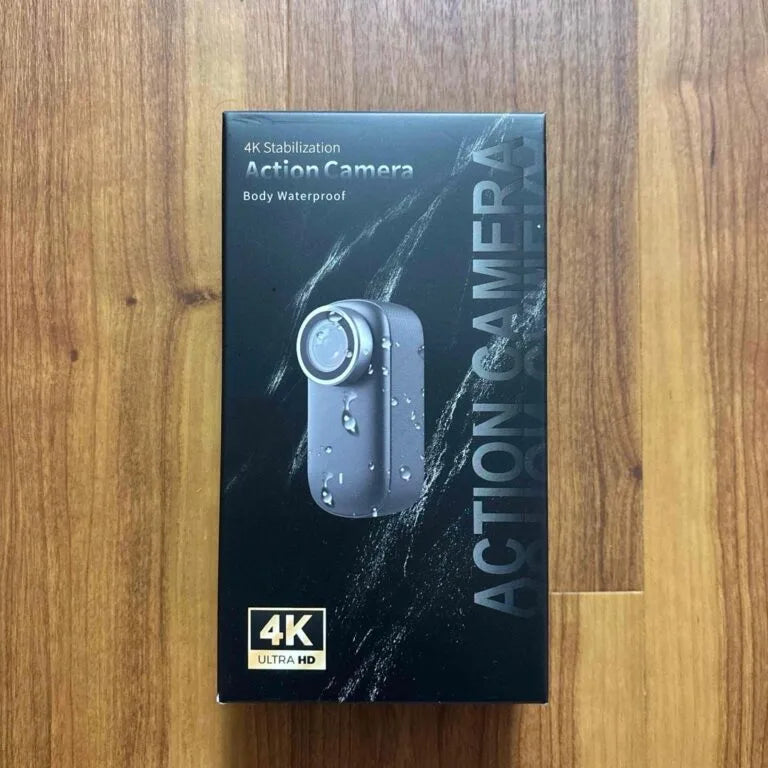  Front view of the 4K stabilization action camera retail product box showing its sleek body waterproof design available at LebTech Store.