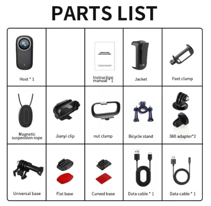 Complete parts and accessories list for the 4K thumb action camera including mounts, magnetic rope, bicycle stand, TF card, and data cables at LebTech Store.