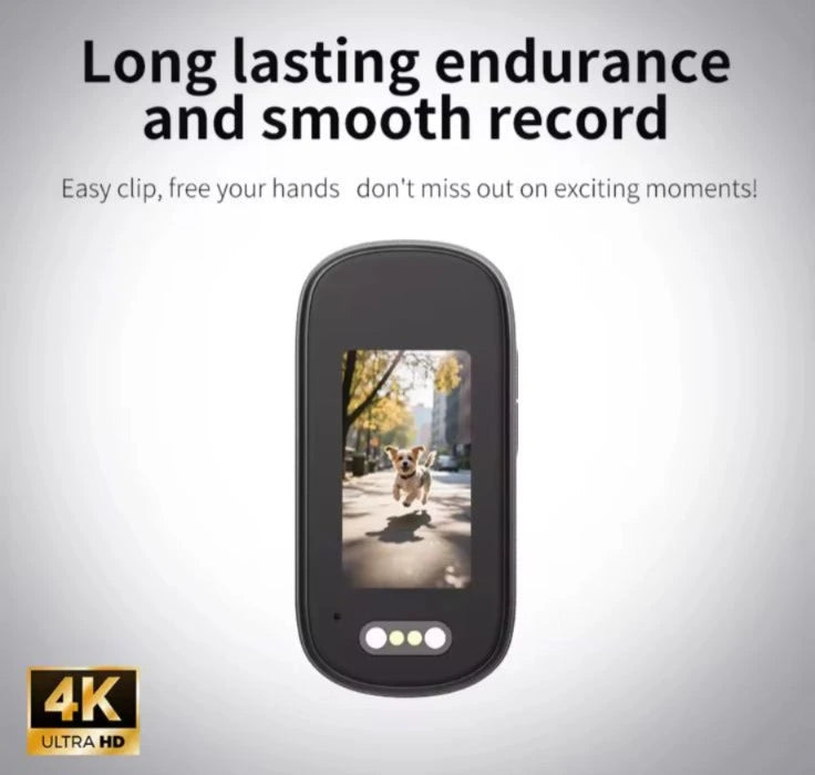 The back view of a 4K Ultra HD thumb action camera highlighting its long-lasting endurance, smooth recording screen, and easy-clip hands-free feature at LebTech Store.