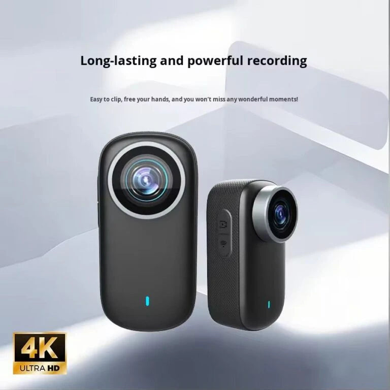 Front and side angle view of the sleek 4K Ultra HD thumb action camera highlighting its hands-free clip design and powerful recording capabilities from LebTech Store.