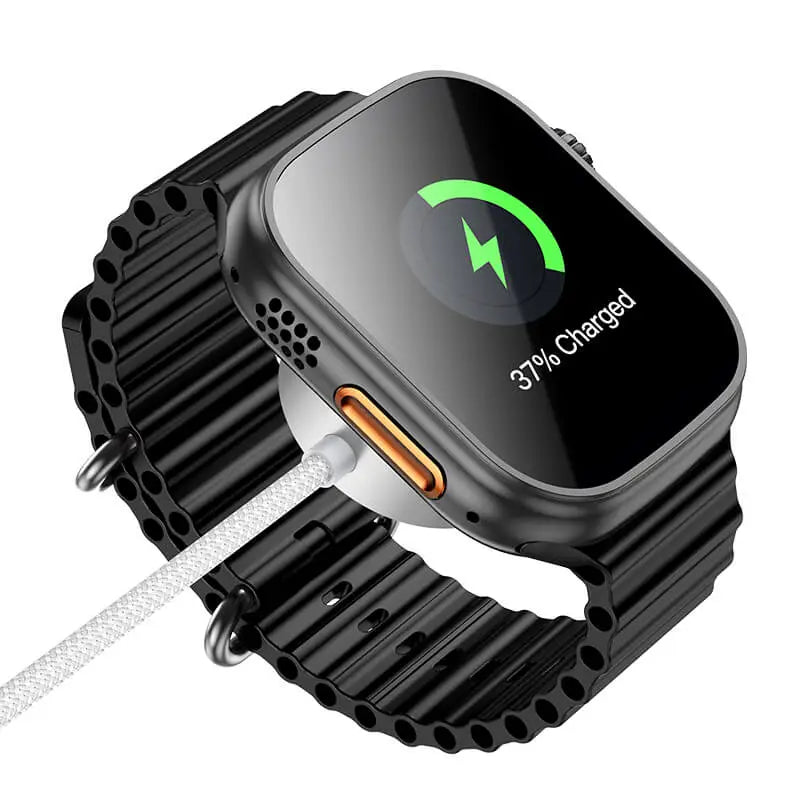 Smartwatch with a charging cable, displaying '37% Charged' on the screen.