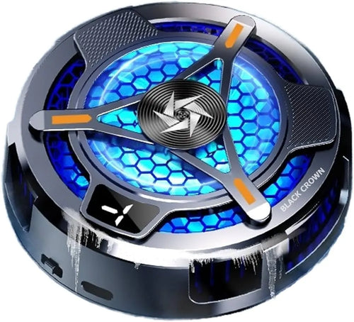 Close-up of a high-tech -5 degrees cooling radiator device with blue LED lighting and 'Black Crown' branding.