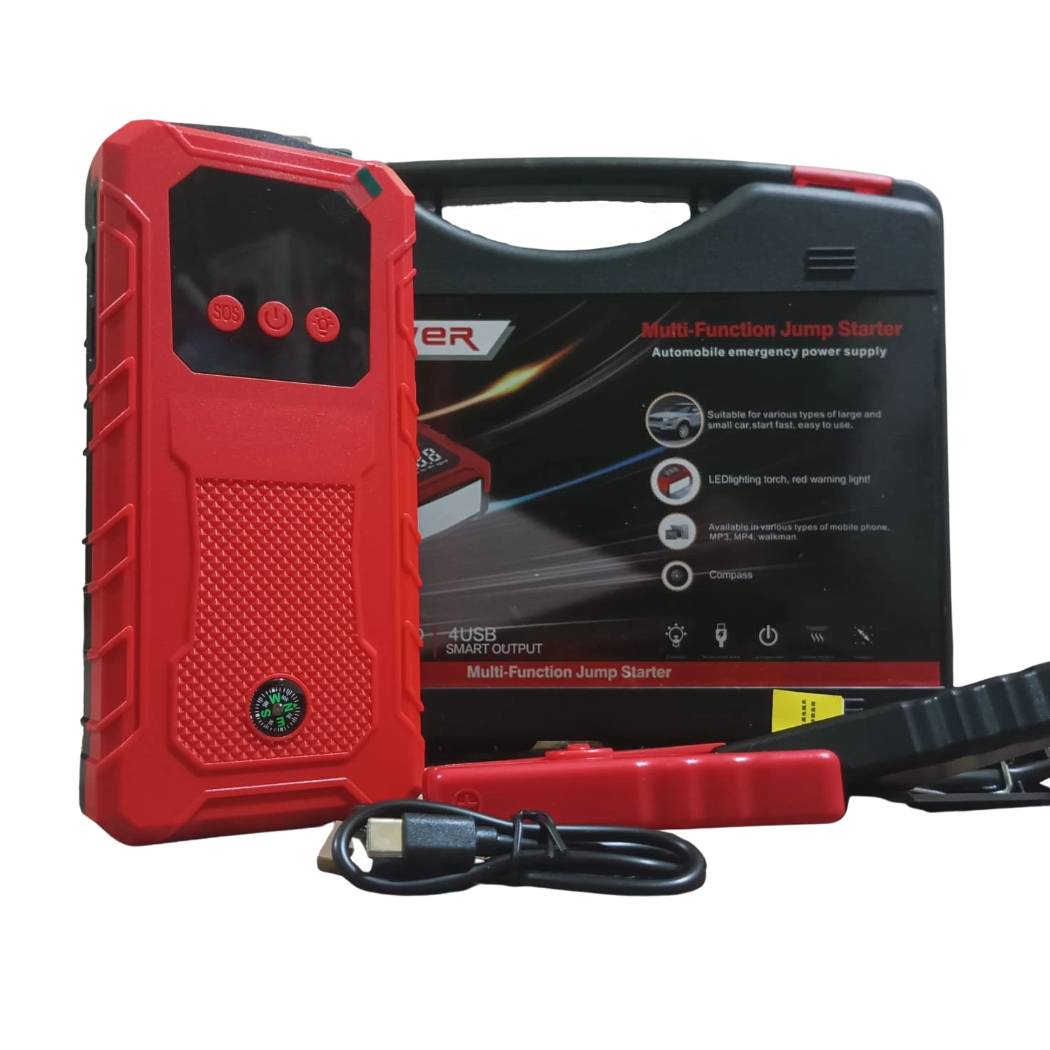 Red jump starter with USB cable and carrying case on a white background