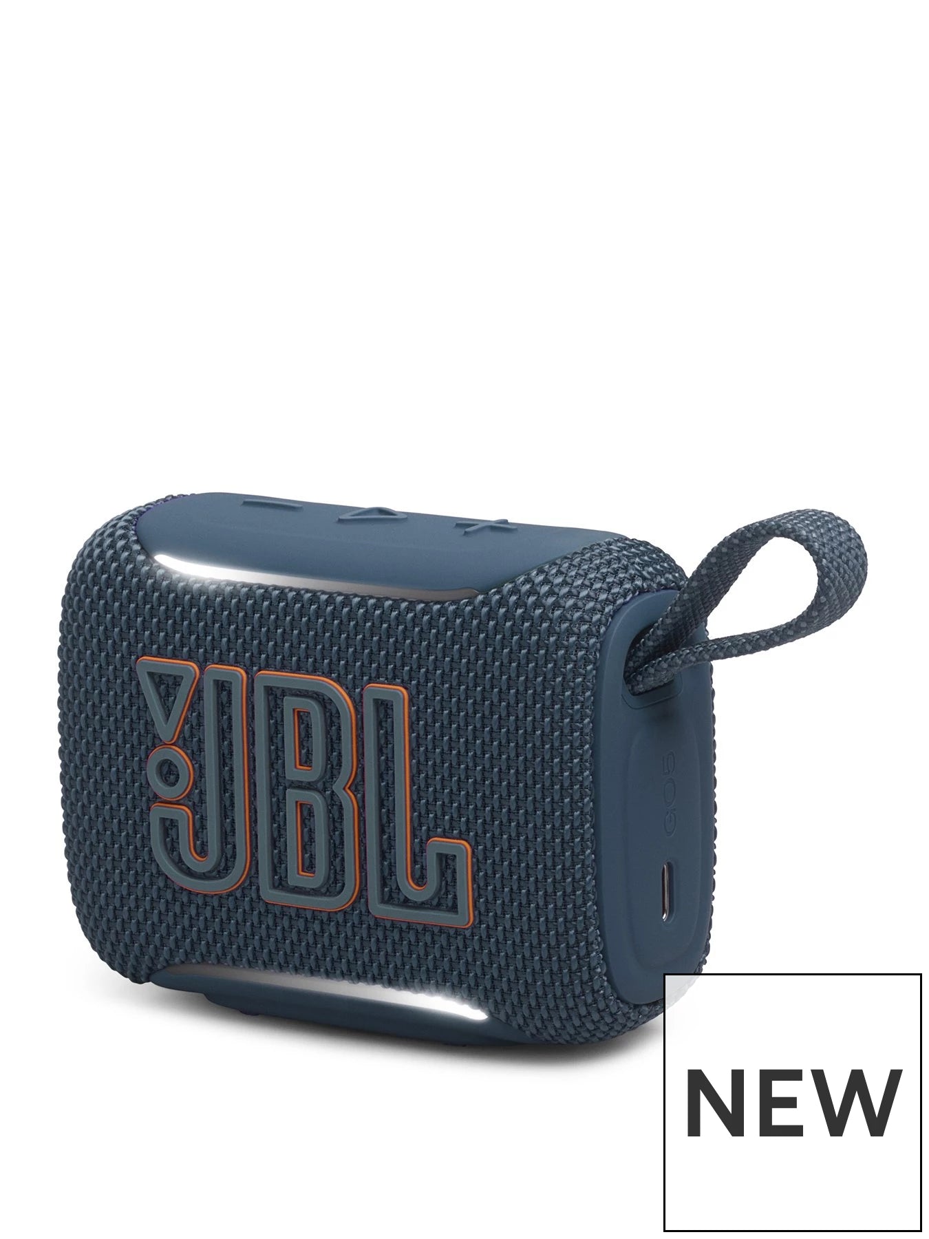 Blue JBL Go 5 AirTouch ultra-portable Bluetooth speaker with 'NEW' tag, available at LecTech Store Lebanon, featuring integrated ambient edge lighting and a rugged waterproof design