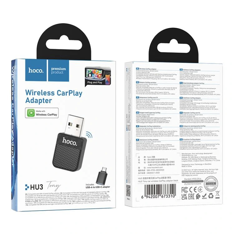 Hoco Wireless CarPlay adapter packaging with front and back views on a white background - Lebtech Store