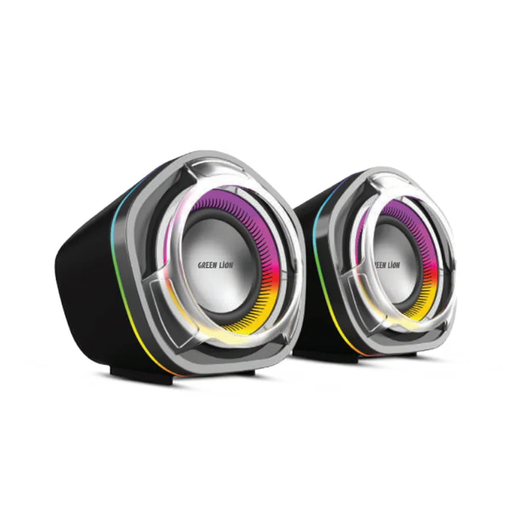 green lion clarid Pair of speakers with colorful lighting on a white background