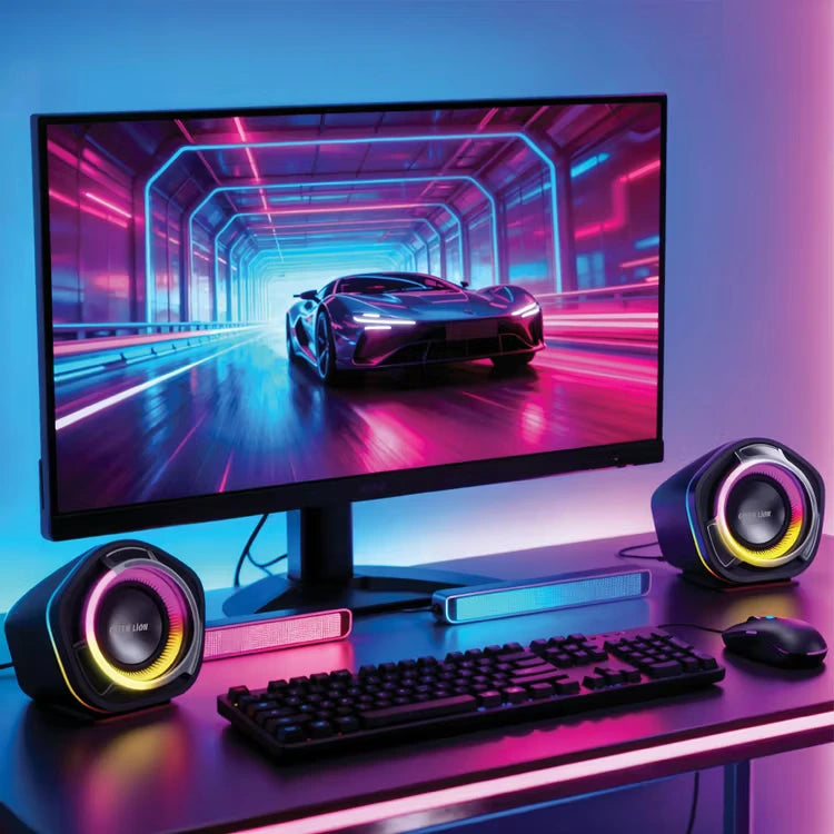 green lion clarid Gaming setup with monitor displaying a car on a track, keyboard, mouse, and speakers with colorful lighting.