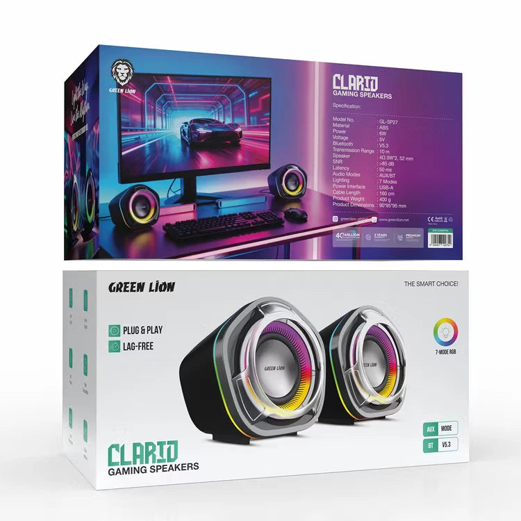 Clariid gaming speakers packaging with colorful design on a white background