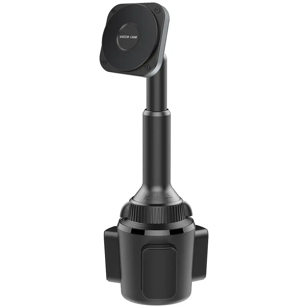Black phone mount with cup holder on a white background