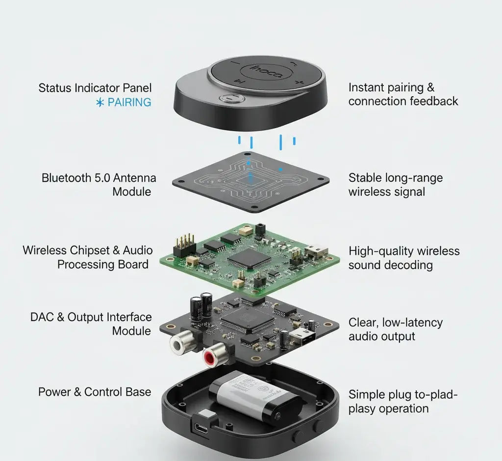 Technical diagram of a wireless audio device with labeled components on a white background - Lebtech Store