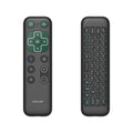 Black remote control with green accents on a white background