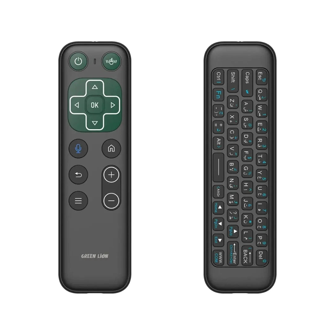 Black remote control with green accents on a white background