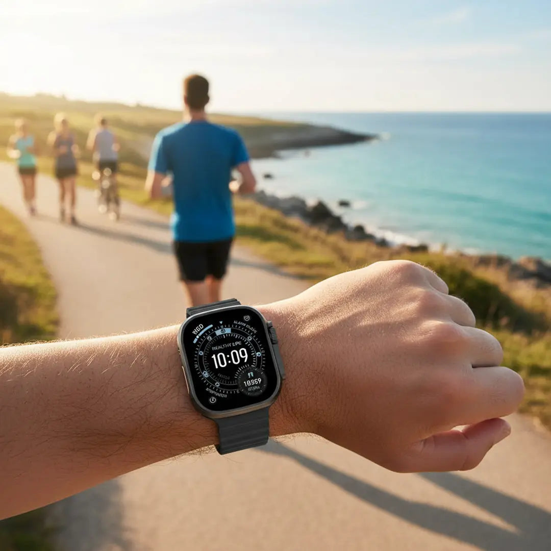 Person wearing a smartwatch with a scenic ocean view in the background