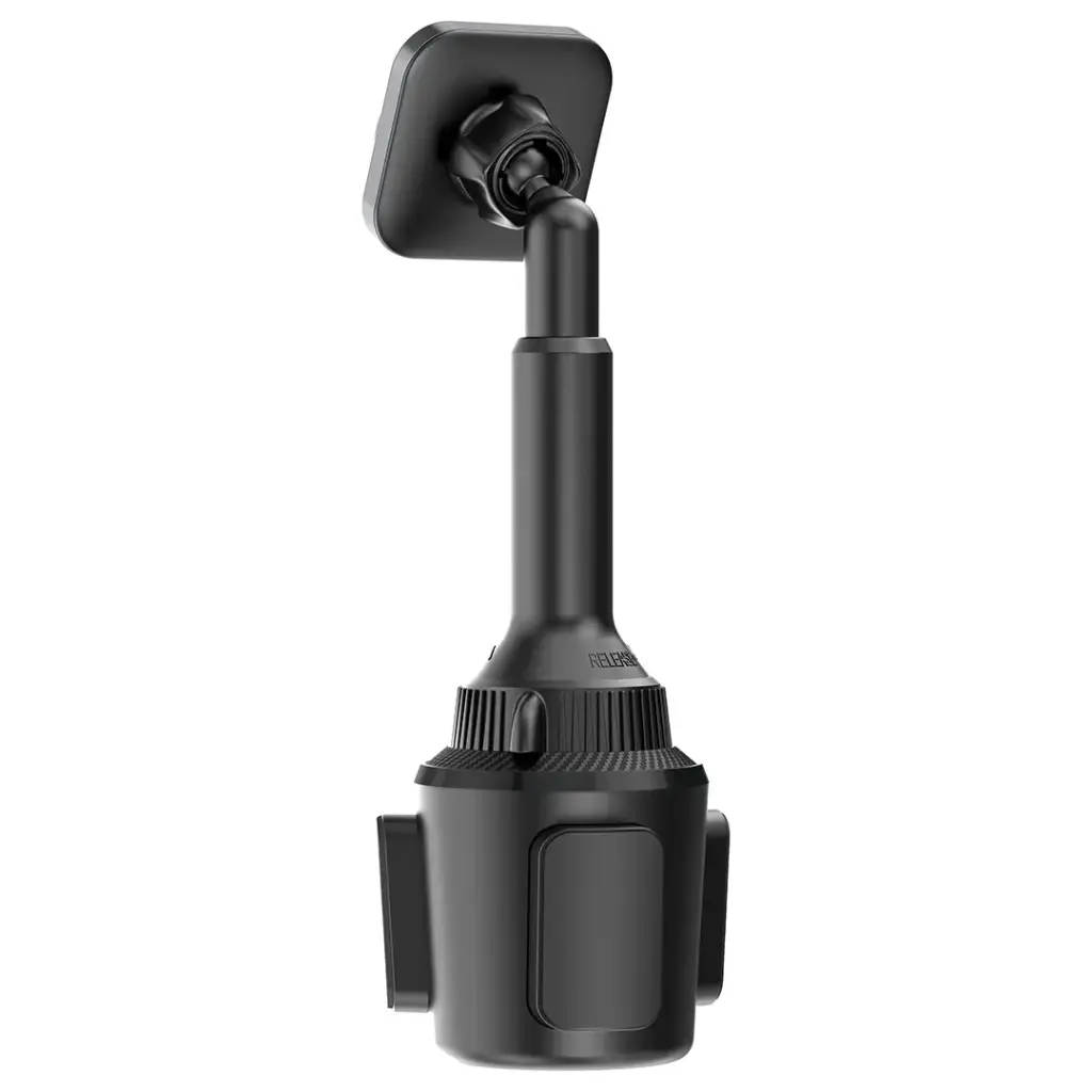Black cup holder with adjustable arm on a white background