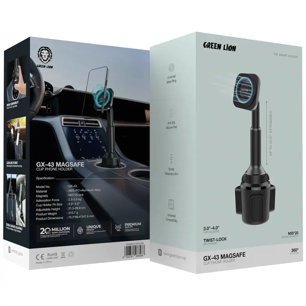 Two packaging boxes for a Green Lion product on a white background