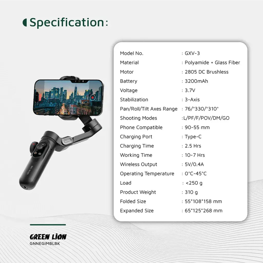 Gimbal with smartphone holder and specifications on a white background
