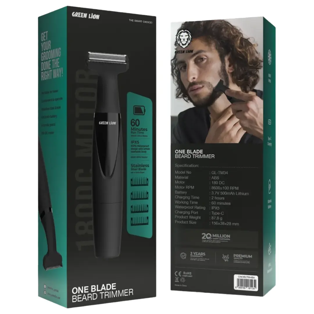 Green Lion GR-3670 One Blade Beard Trimmer packaging showing 8600 RPM motor and IPX5 waterproof specs at LebTech Store Lebanon