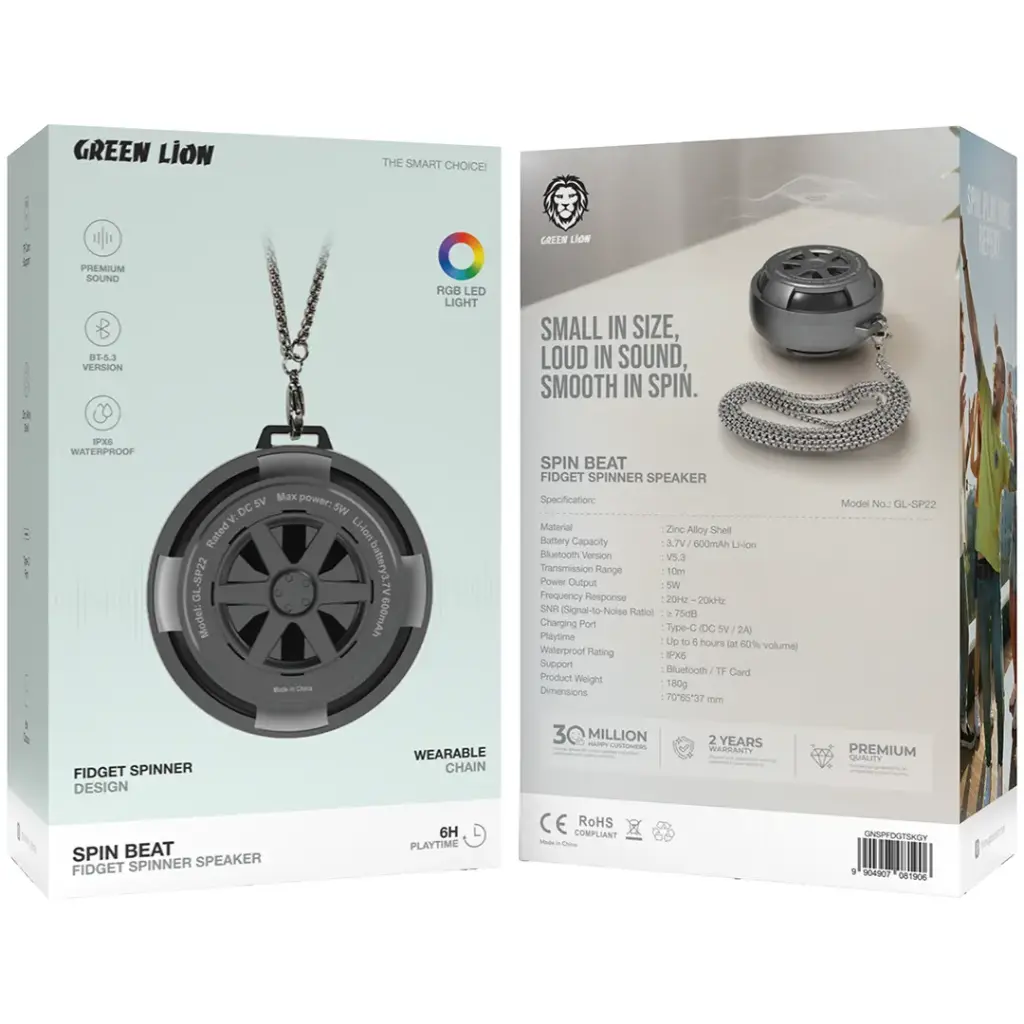"Green Lion GL-SP22 Spin Beat Fidget Spinner Speaker in gray with wearable chain, available at LebTech Store Lebanon."