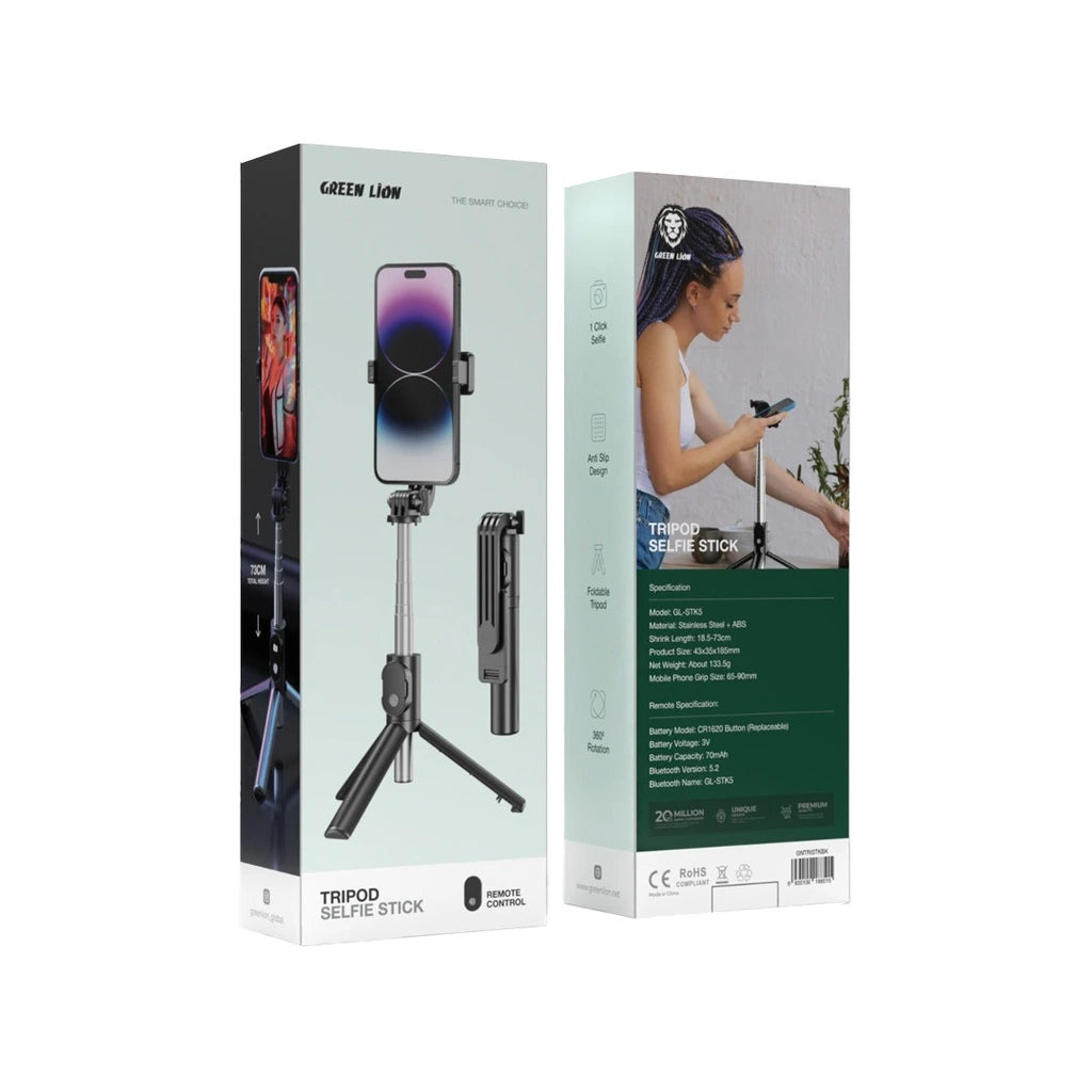 Green Lion tripod selfie stick packaging with product illustration on a white background - LebTech Store Lebanon