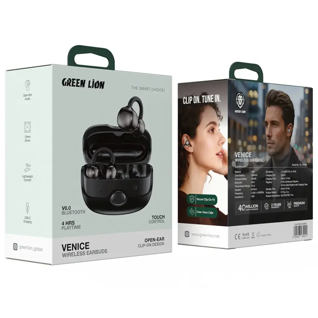 Green Lion Venice wireless earbuds packaging on a white background - Lebtech Store